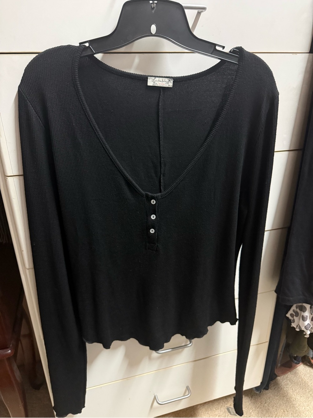 Free People Black V-Neck Ribbed Henley Sweater